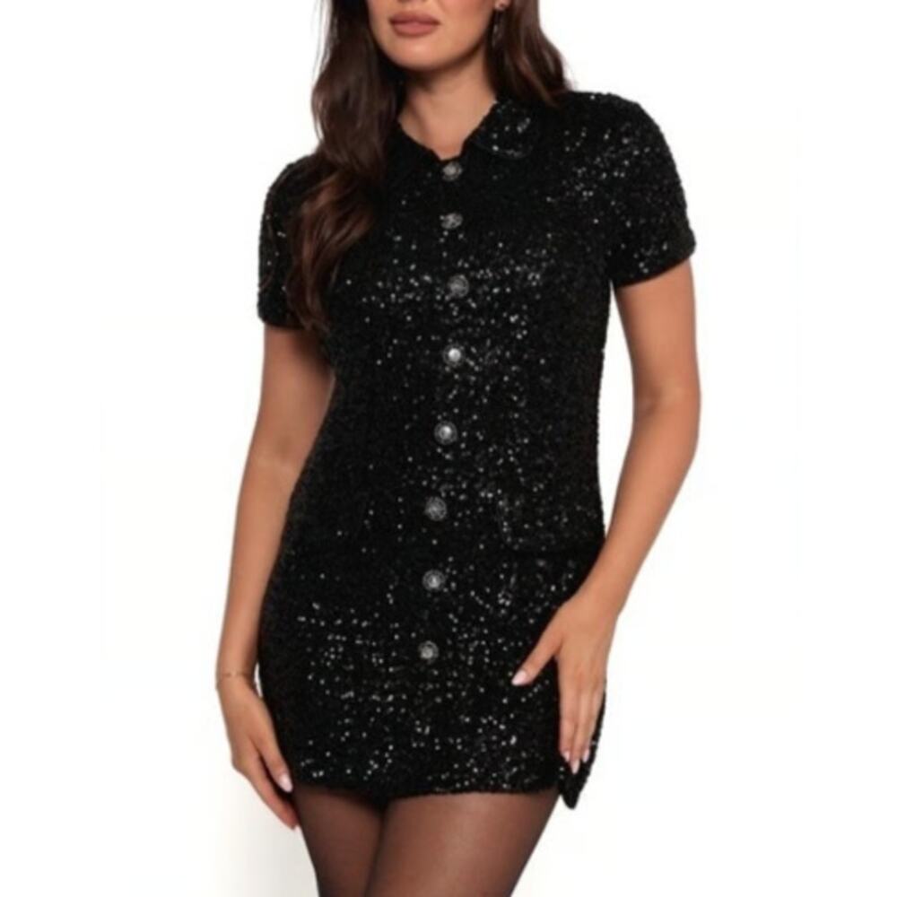 Mable Anthropologie Black Sequin Collared Mini Party Dress Peter Pan Medium NWT